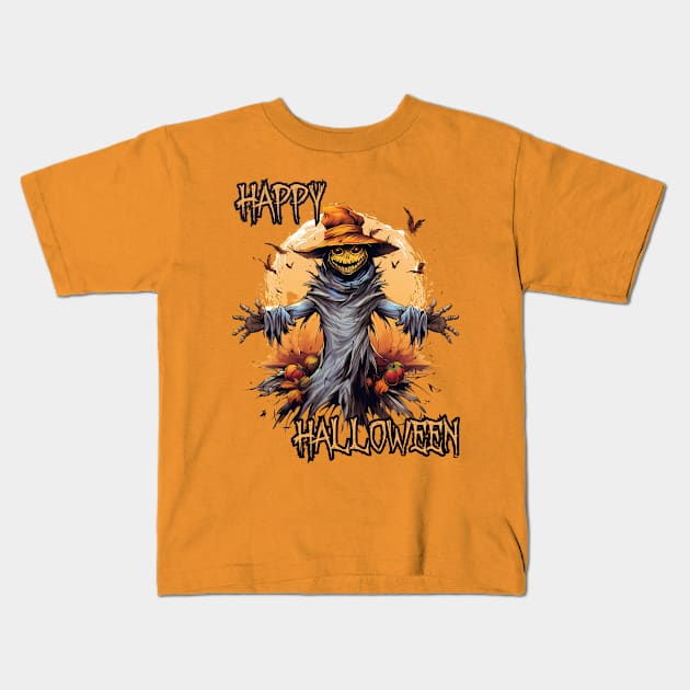 Spooky Scarecrow Happy Halloween Kids T-Shirt by DivShot 